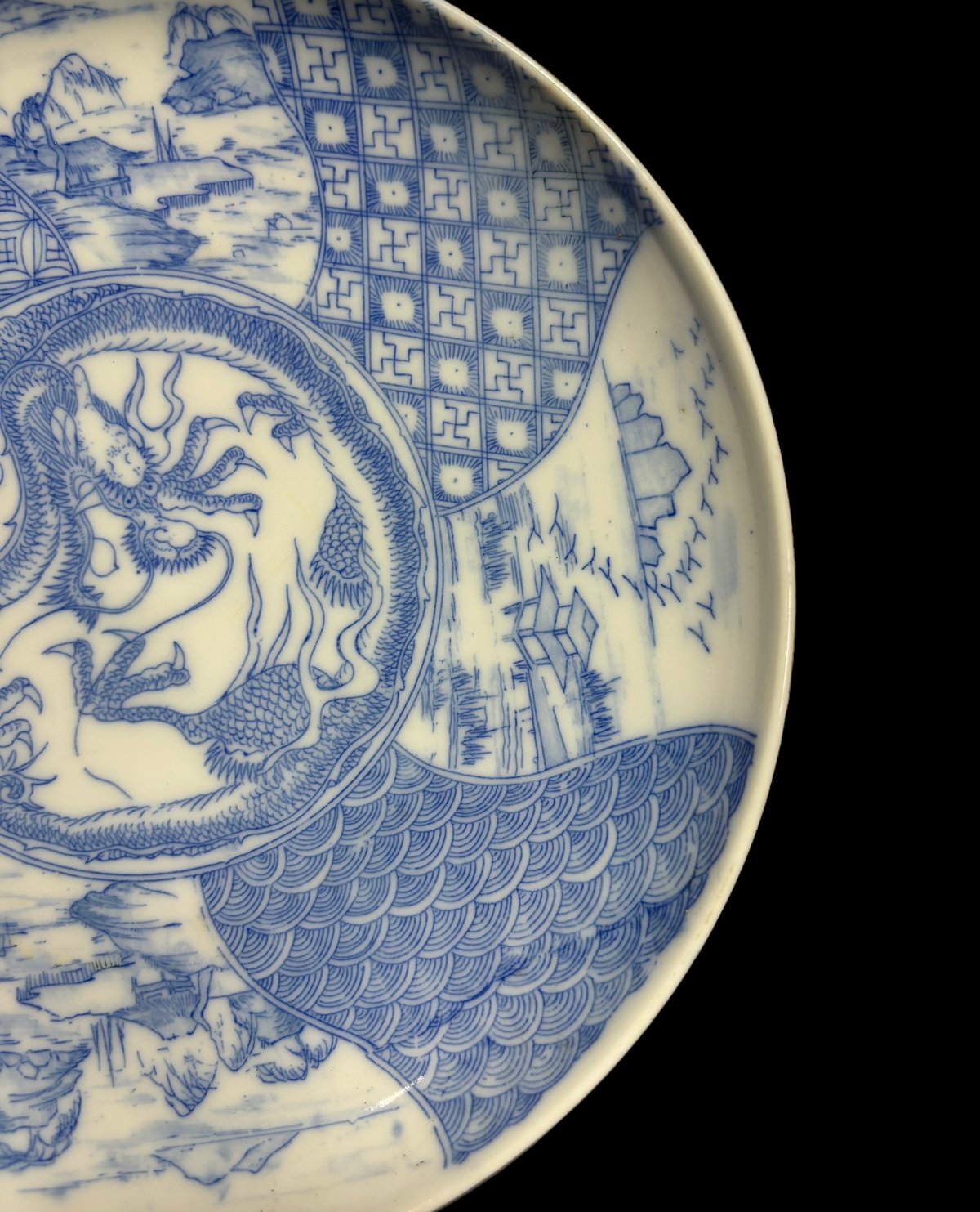 染付 [龍鳥山水 風景絵] 平皿 大皿 印判皿 盛り皿 飾り皿 器 江戸 和