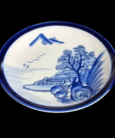 染付 絵皿 [梅 山水 風景絵] 丸皿 陶芸 取り皿 盛り皿 飾り皿 和食器 昭和 レトロ 骨董品 アンティーク