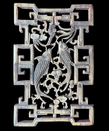 中国手彫り彫刻パネル [鯉草花絵] 木彫り 中国 木製 和風 手彫り 彫刻 古民具 中国雑貨 壁飾り インテリア レトロ アンティーク