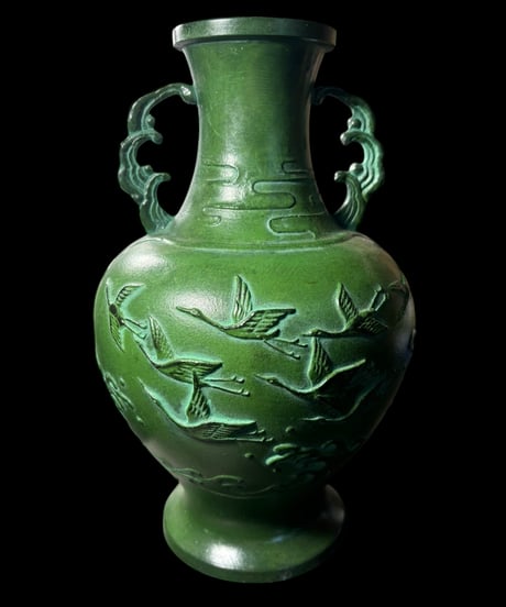 壺 鶴 青銅 鋳芸 グリーン フラワーベース 花瓶 花入れ 丸壺 花器 陶器 古美術 レトロ 骨董品 アンティーク