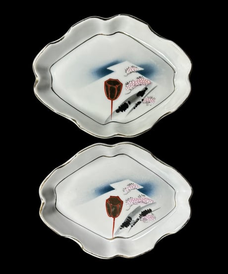 【2客セット】色絵 菱形皿 [梅 風景] 時代物 角皿 変形皿 小皿 取り皿 盛り皿 飾り皿 レトロ 昭和初期 和食器 骨董品 アンティーク