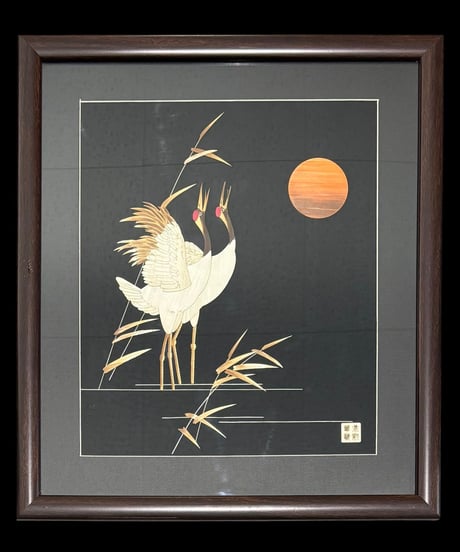 中国現地買入 月 双鶴 切り絵 貼り絵 中国 鳥 風景 額 版画 アート イラスト 美術品 中国雑貨 コレクション 骨董品 アンティーク