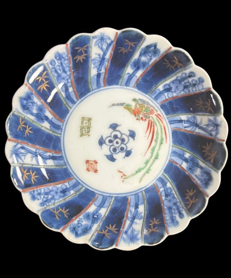【2客セット】 古伊万里 染付 輪花皿 鳳凰松竹梅文図 色絵 平皿 飾皿 時代物 伊万里 骨董品 アンティーク