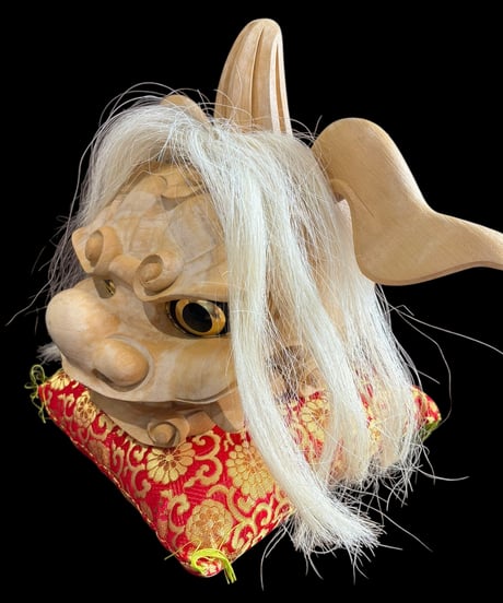 井波彫刻 獅子頭 伝統工芸士 初代 荒井寿斎作 共箱 共布 栞 座布団 木彫 桐材 獅子舞 荒井寿斉 置物 アンティーク インテリア 骨董品