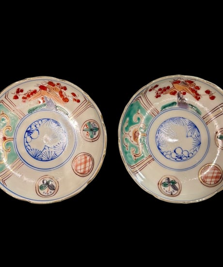 【2客セット】色絵 小皿 [松竹梅草花文鳥絵] 取り皿 盛り皿 飾り皿 和食器 骨董品 アンティーク