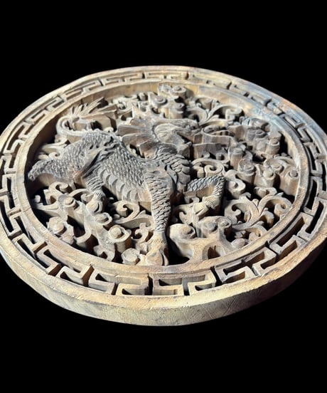 中国手彫り彫刻パネル [麒麟] 木彫り 中国 木製 和風 手彫り 彫刻 キリン 中国雑貨 壁飾り インテリア レトロ アンティーク