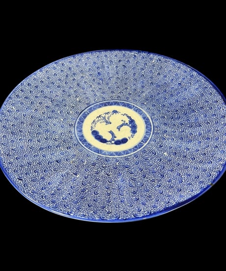 古伊万里 微塵唐草 印判皿 直径42cm 大皿 装飾皿 染付 松竹梅 明治 大正 盛り皿 飾り皿 古美術 和食器 骨董品 アンティーク