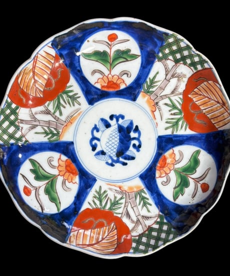 古伊万里 色絵【窓絵竹草花文】大皿 丸皿 盛り皿 飾り皿 和食器 古美術 和食器 骨董品 アンティーク