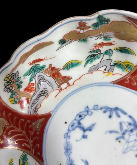 古伊万里 金彩 錦手 色絵 [松竹梅風景文図] なます皿 丸皿 取り皿 飾り皿 和食器 江戸 明治 伊万里 陶器 骨董品 アンティーク