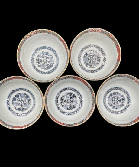 【5客セット】 古伊万里 錦手 金彩 色絵 鳳凰桐葉文図 明治 蓋付き椀 茶碗 汁椀 蓋物 和食器 陶器 骨董品 アンティーク