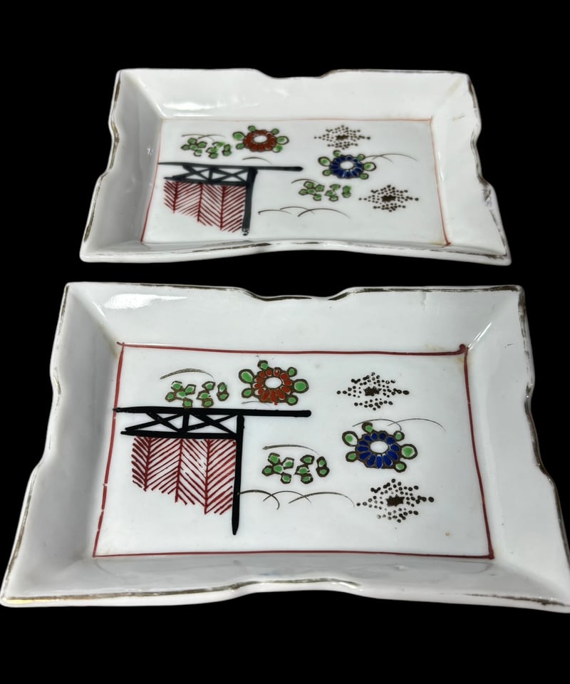 【CM51】古伊万里 色絵 長方刺身皿 角皿 五客 桐鳳凰 松竹梅 扇面 花唐草 伊万里色絵花輪郭皿 五枚組 桐鳳凰紋皿 菊花皿 平向付Antique
