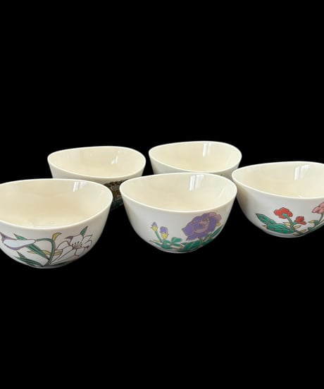 【5客セット】 青嵐窯 季節花柄 楕円小鉢 茶碗 小鉢 花柄 和食器 工芸品 骨董品 アンティーク