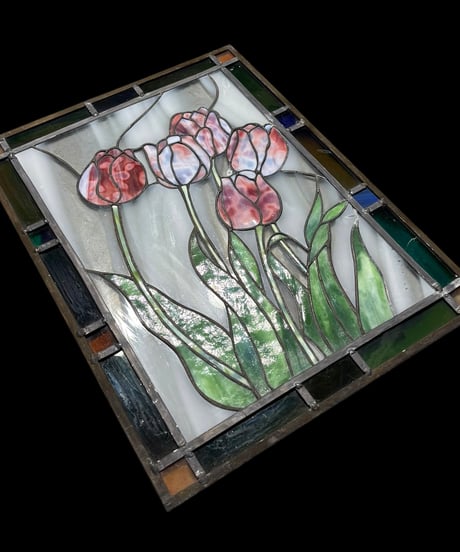 ステンドグラス チューリップの花 アート ガラス チューリップ 花 四角 パネル 装飾品 インテリア 骨董品 アンティーク ヴィンテージ