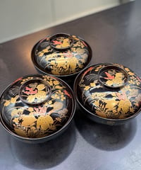【3客セット】 江戸期 金蒔絵 黒塗り 吸物椀 草花文 御汁椀 漆器 塗物 煮物 縁起物 和食器 骨董品 アンティーク