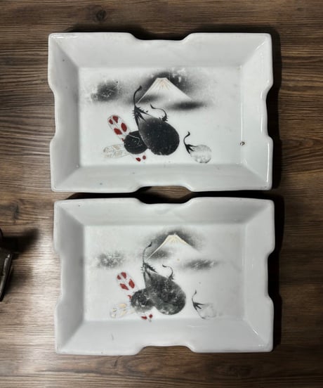 【2客セット】色絵 四角皿 [富士 ナス] 時代物 角皿 変形皿 小皿 取り皿 盛り皿 飾り皿 レトロ 昭和初期 和食器 骨董品 アンティーク