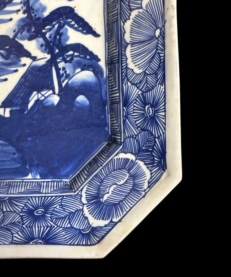 古伊万里 八角絵皿 [山水風景図] 染付 年代物 大皿 角皿 平皿 取り皿 盛り皿 飾り皿 伊万里 和食器 骨董品 アンティーク