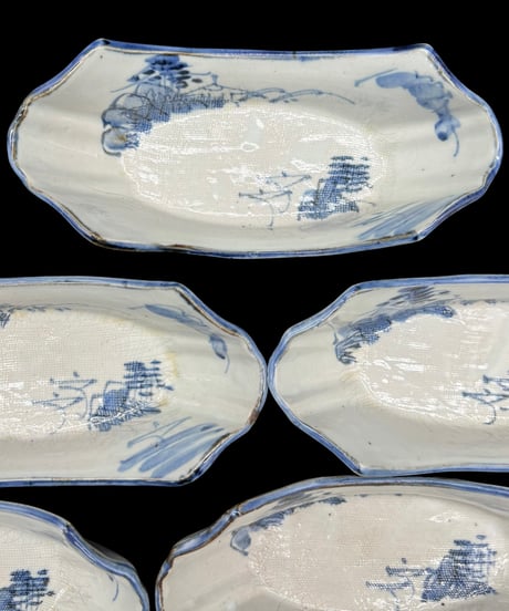 【7客セット】 手描き 舟型鉢 山水風景図 小鉢 裏印 丸皿 取り皿 時代物 和食器 陶器 骨董品 アンティーク