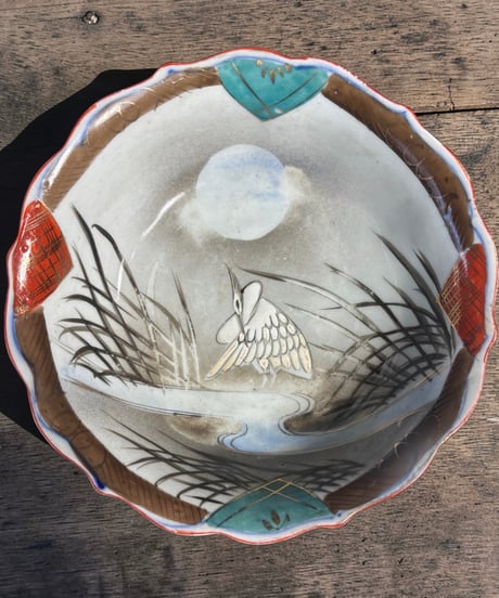 江戸時代 古伊万里 大鉢 月 鶴 盛り鉢 色絵 鉢 取り皿 飾り皿 陶器 伊万里 時代物 骨董品 アンティーク