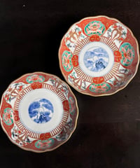 【2客セット】古伊万里 金襴手 赤絵 花台草花文図 なます皿 冨貴長春 金彩 丸皿 取り皿 飾り皿 和食器 伊万里 陶器 骨董品 アンティーク