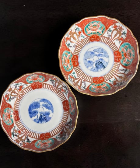 【2客セット】古伊万里 金襴手 赤絵 花台草花文図 なます皿 冨貴長春 金彩 丸皿 取り皿 飾り皿 和食器 伊万里 陶器 骨董品 アンティーク