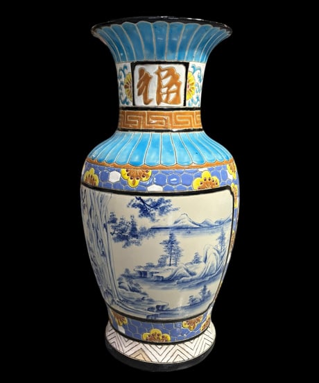 福 壺 染付 山水風景図 粉彩 色絵 中国風 吉祥文 大花瓶 フラワーベース 花瓶 花入れ 丸壺 花器 陶器 古美術 骨董品
