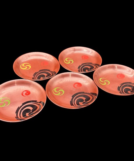 【5客セット】 蔵出し 朱塗 巴文 銘々皿 丸盆 漆器 渦巻き 塗物 盆 和食器 骨董品 アンティーク