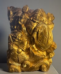 黄金 木彫り 恵比寿×大黒天 七福神 恵比寿様 大黒様 開運 縁起物 彫刻 仏像 古美術 オブジェ 骨董品 アンティーク