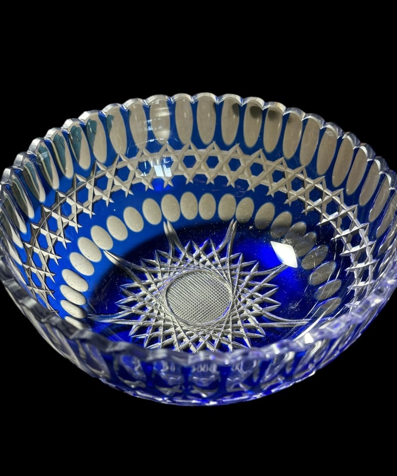 楠迪庵 切子 青 ガラスボウル 色被せ ガラス鉢 カットガラス 鉢