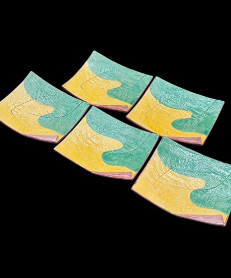 【5客セット】 大樋焼 菓子皿 瓢箪団扇印文図 四方皿 角皿 小皿 平皿 時代物 和食器 骨董品 アンティーク