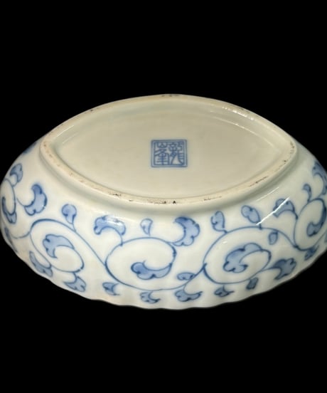 【2客セット】染付 小皿 [菊 流水紋] 楕円 小鉢 和食器 洋食器 陶器 骨董品 アンティーク