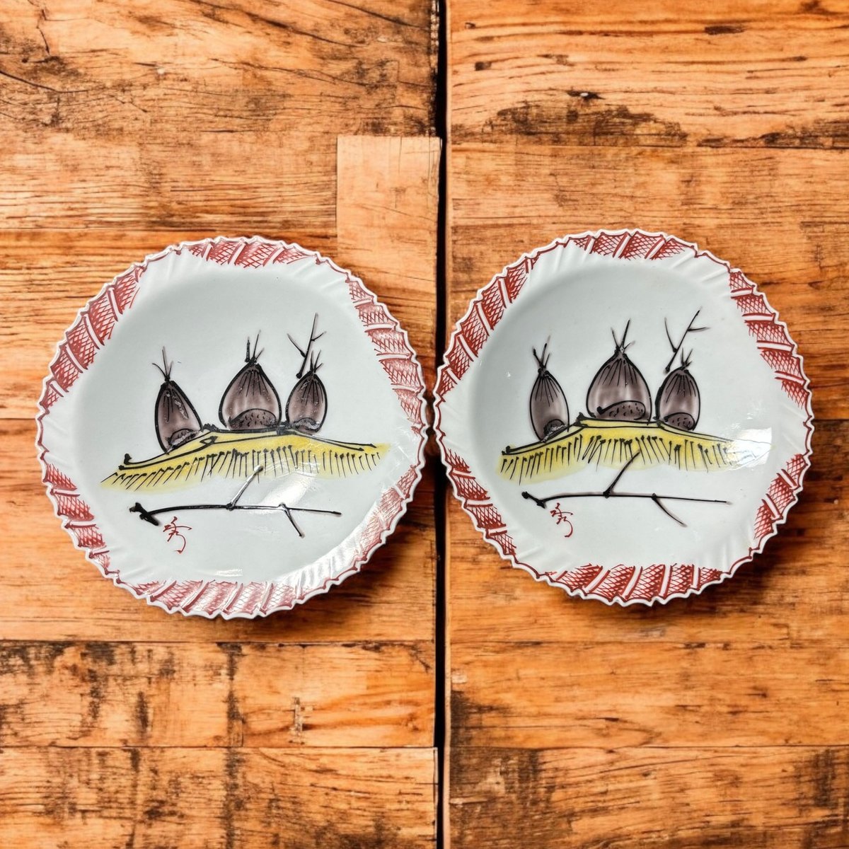 2客セット】九谷焼 秀峰作 色絵 [たけのこ] 鉢 筍 丸皿 取り皿 飾り皿