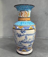 福 壺 染付 山水風景図 粉彩 色絵 中国風 吉祥文 大花瓶 フラワーベース 花瓶 花入れ 丸壺 花器 陶器 古美術 骨董品