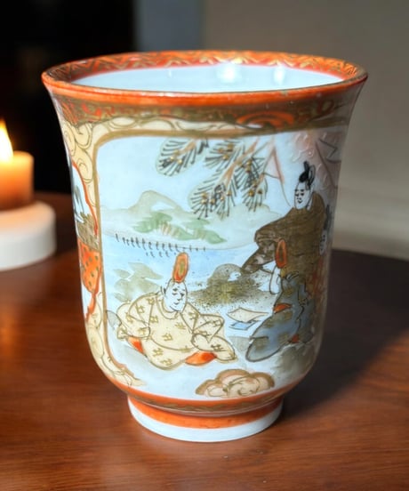 【希少!!】九谷造 お猪口 色絵 金彩 [松竹梅鳥文風景窓絵 粉彩人物絵] ぐい呑 コップ 湯呑み 久谷 古久谷 和食器 骨董品 アンティーク