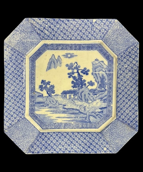 古伊万里 八角絵皿 [山水風景文図] 染付 年代物 八角皿 角皿 平皿 取り皿 盛り皿 飾り皿 伊万里 和食器 骨董品 アンティーク