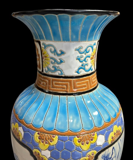 福 壺 染付 山水風景図 粉彩 色絵 中国風 吉祥文 大花瓶 フラワーベース 花瓶 花入れ 丸壺 花器 陶器 古美術 骨董品