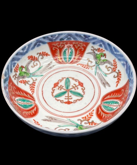 古伊万里 色絵 中鉢 孔雀草花文図 鉢 赤絵 丸皿 盛り鉢 和食器 江戸 陶器 時代物 骨董品 アンティーク