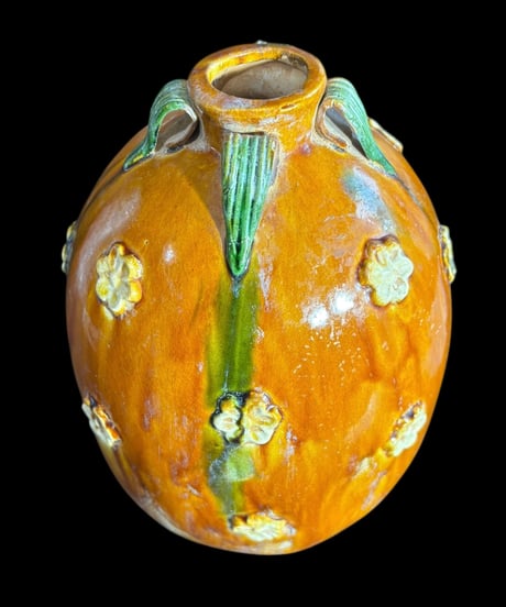 壺 [花柄] オレンジ 中国雑貨 フラワーベース 花瓶 花入れ 丸壺 花器 陶器 古美術 骨董品 アンティーク