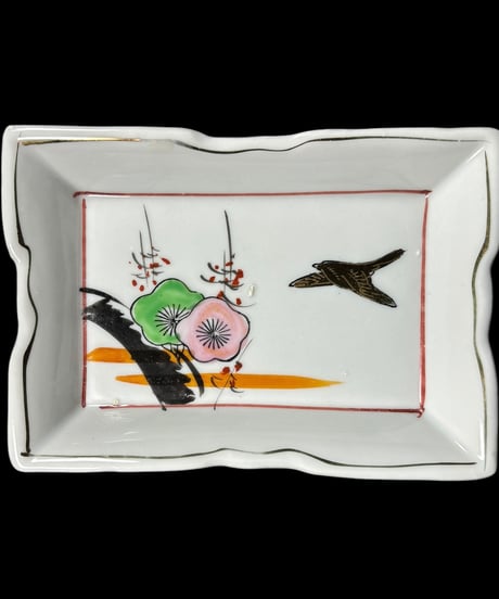 【2客セット】色絵 四角皿 [梅 鳥 夕焼け] 時代物 角皿 変形皿 小皿 取り皿 盛り皿 飾り皿 レトロ 昭和初期 和食器 骨董品 アンティーク