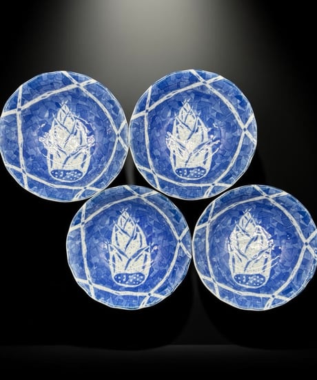 【4客セット】義峰 染付 小皿 たけのこ 小鉢 筍 取り皿 盛り皿 飾皿 時代物 和食器 骨董品 アンティーク