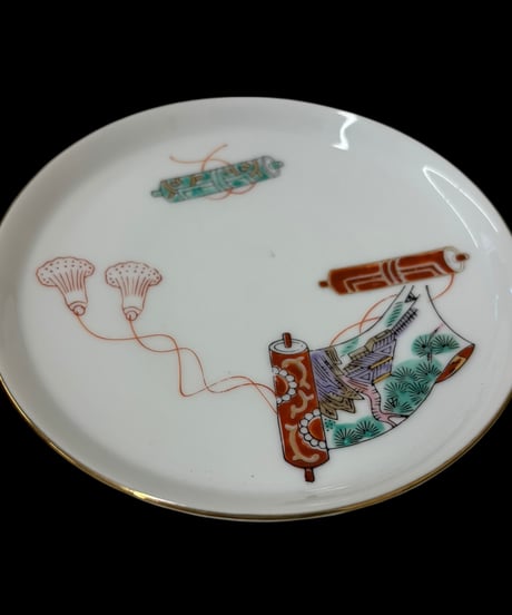 【2客セット】 色絵 巻物 瓢箪 松 丸皿 時代物 小皿 取り皿 盛り皿 飾り皿 レトロ 昭和初期 和食器 骨董品 アンティーク