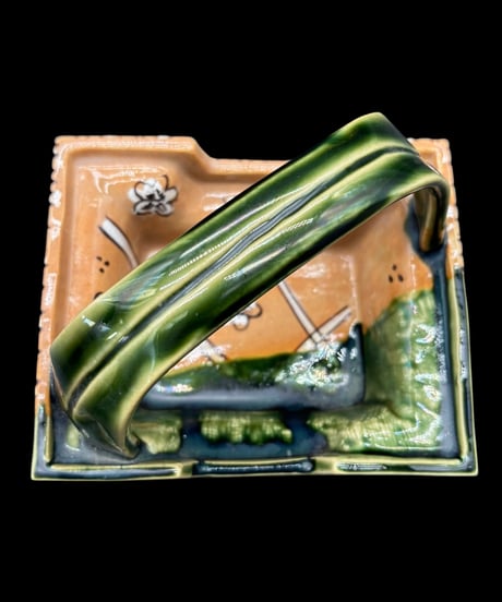 織部焼 四方手鉢 取手付 小鉢 織部 工芸品 おしゃれ 和食器 骨董品 アンティーク