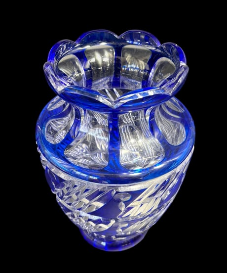 切子花瓶 サファイア クリスタル 色被せ 硝子 切子 伝統工芸 フラワーベース 花瓶 古美術 レトロ アンティーク