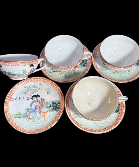 【4客揃】 乾隆年製 玉出人美 カップ&ソーサー 中国古美術 マグカップ 紅茶 コーヒー カップ 茶器 中国 アンティーク