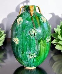 壺 [花柄] グリーン 中国雑貨 フラワーベース 花瓶 花入れ 丸壺 花器 陶器 古美術 骨董品 アンティーク
