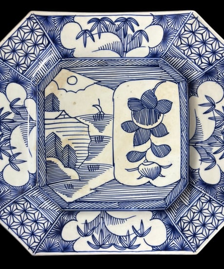 古伊万里 八角絵皿 [竹草花風景図] 染付 年代物 大皿 角皿 平皿 取り皿 盛り皿 飾り皿 伊万里 和食器 骨董品 アンティーク