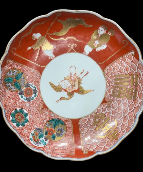 一式揃 明治期 古伊万里 金彩 赤絵 福壽 草花人物図 小皿 茶碗 大皿 冨貴長春 取り皿 飾り皿 和食器 陶器 縁起物 骨董品 アンティーク