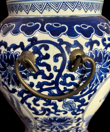 中国現地買付 蓋付き 丸壺 [草花文仙人人物絵] 中国雑貨 壺 フラワーベース 花瓶 花入れ 花器 陶器 中国 古美術 骨董品 アンティーク