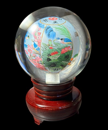 中国美術 水晶玉 草花鳥風景絵 内画球 伝統工芸 中国雑貨 唐木台 飾り インテリア オブジェ 置物 工芸品 骨董品 アンティーク