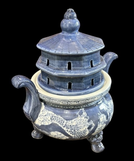 染付 龍 三足 香炉 香道具 美術品 インテリア 置物 陶器 中国 時代物 骨董品 アンティーク