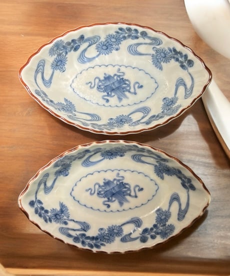 【2客セット】染付 小皿 [菊 流水紋] 楕円 小鉢 和食器 洋食器 陶器 骨董品 アンティーク